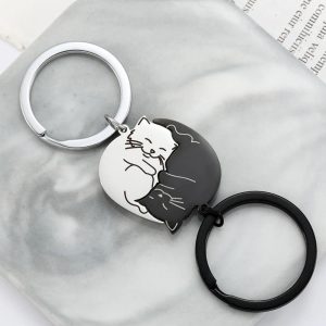 Black Cat Matching Couples Keychain – Stainless Steel Puzzle Keyring