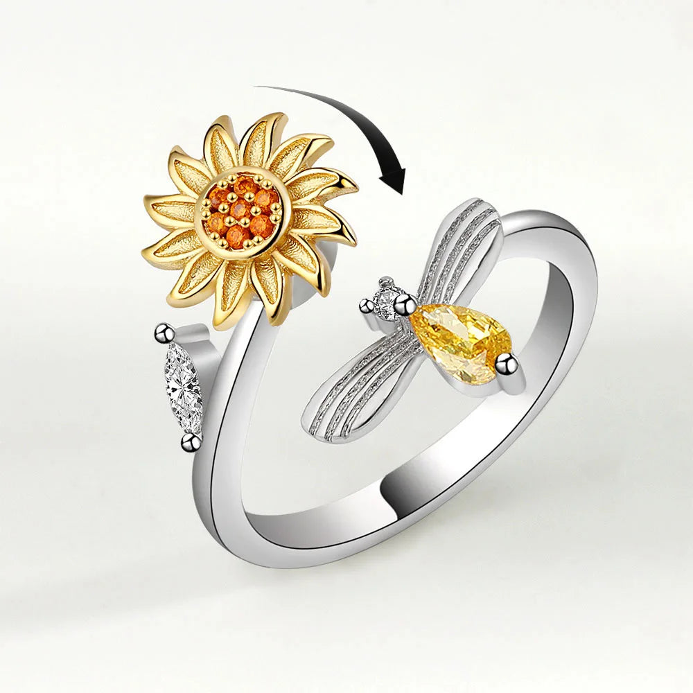 VENTFILLE 925 Sterling Silver Sunflower Zircon Rotatable Ring – Stress Relief Jewelry Gift for Women