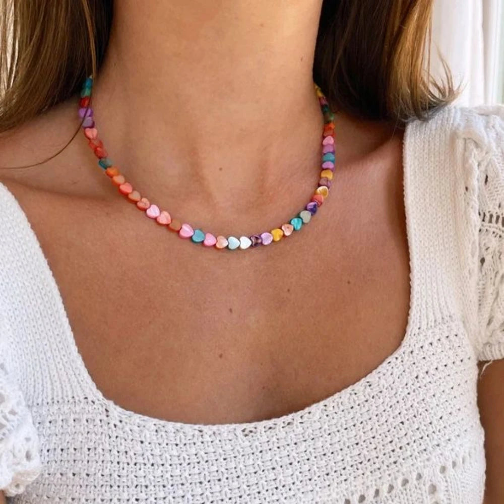 Vlen Shell Heart Necklace – Mother of Pearl Beaded Choker for Women