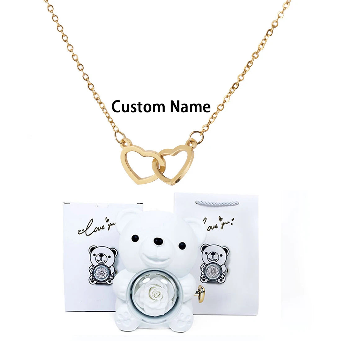 Custom Text Double Love Heart Eternal Necklace – With Luxury Bear & Rose Gift Box for Women - Image 15