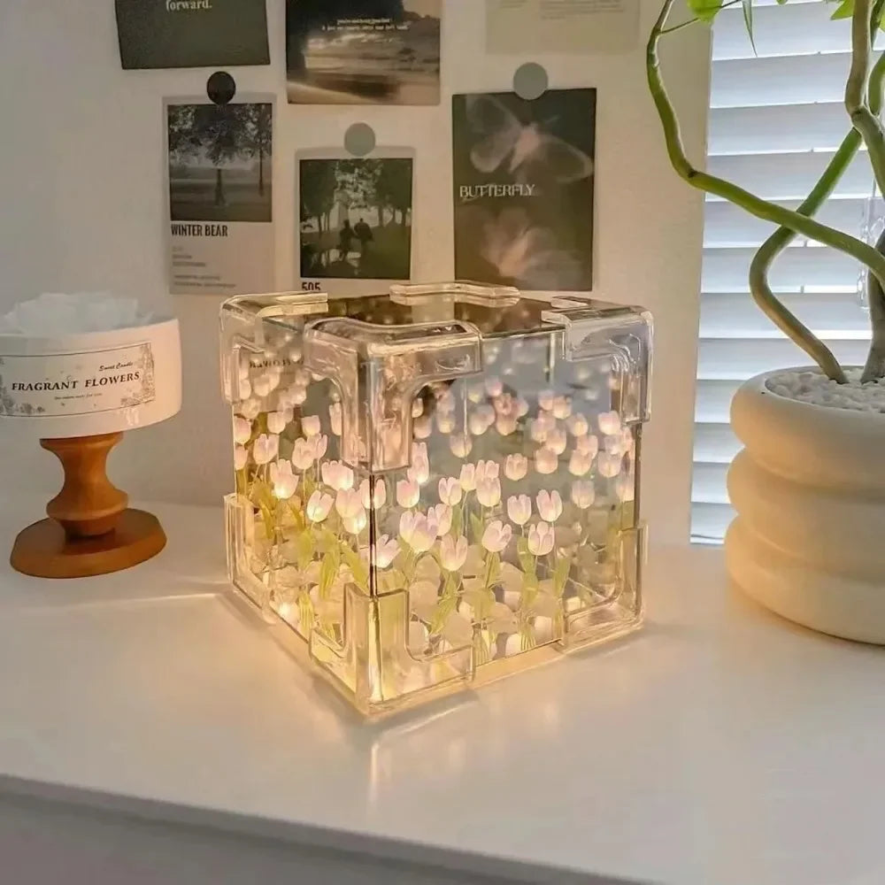 Creative DIY Tulip Flower Sea Cube Night Lamp – 3D Craft Kit Gift for Girlfriend or Couples - Image 5