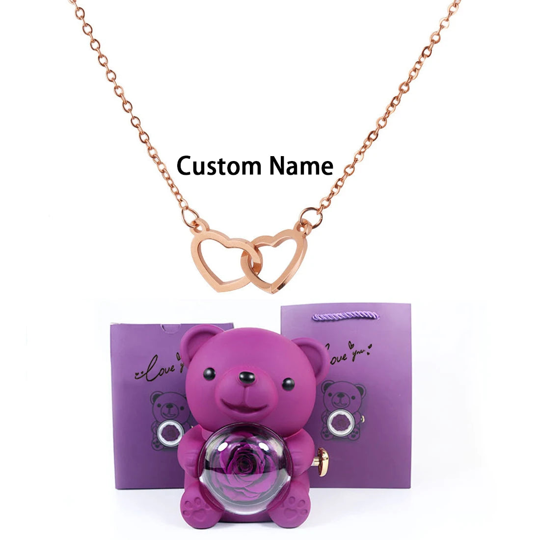Custom Double Heart Necklace & Luxury Bear Rose Gift Box - Image 9