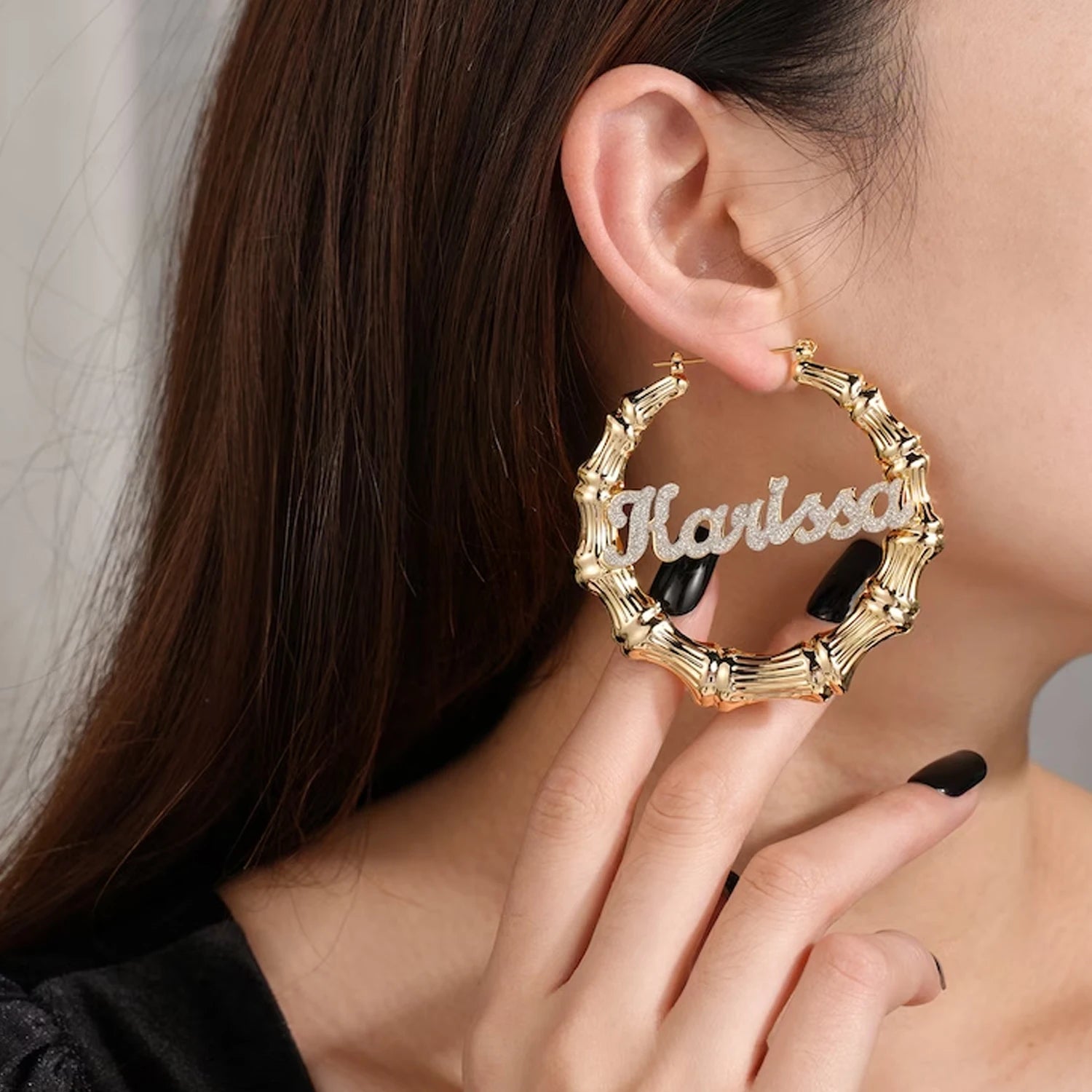 Qitian Personalized Bling Bamboo Hoop Name Earrings – Custom Hip-Hop Style Jewelry for Her - Image 2