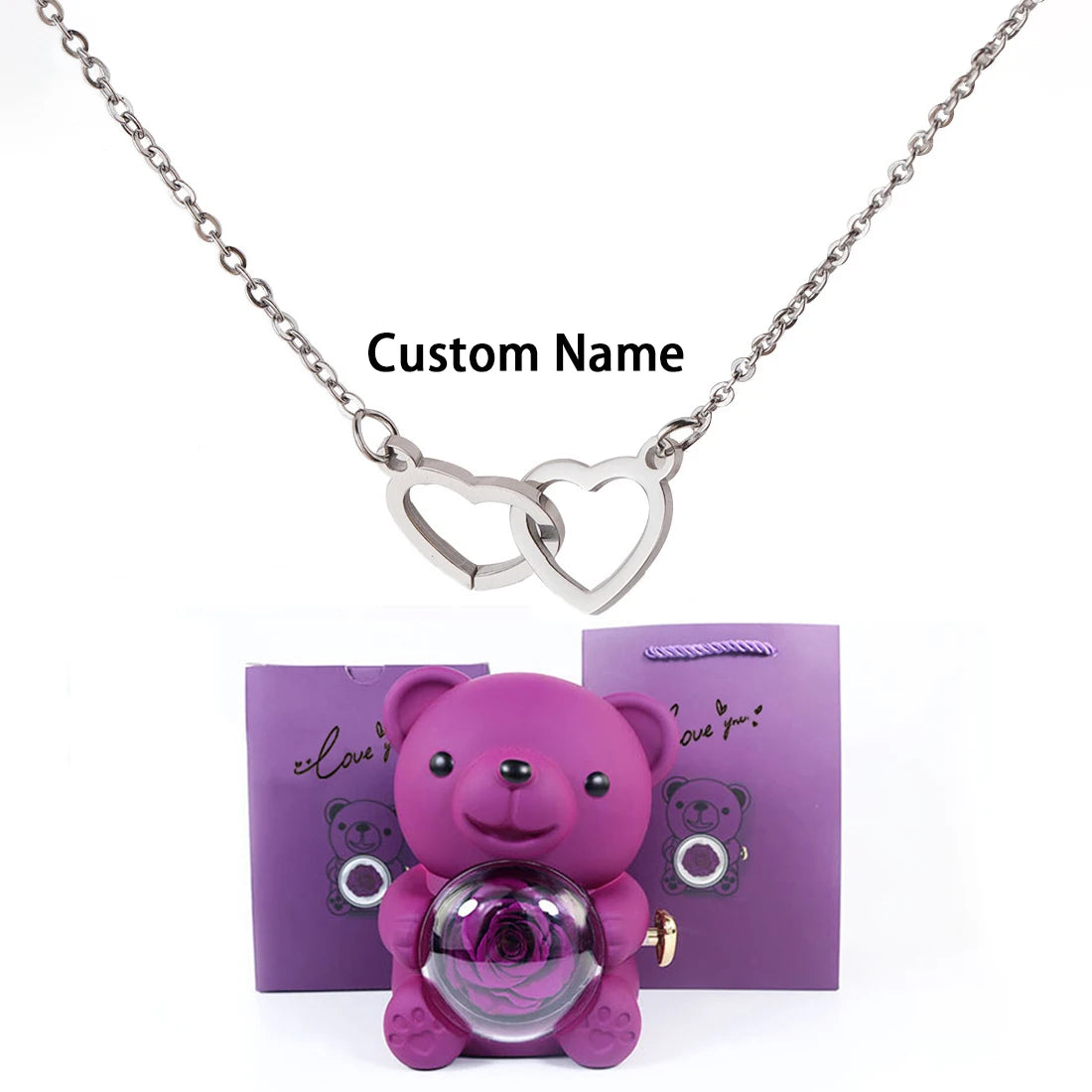 Custom Text Double Love Heart Eternal Necklace – With Luxury Bear & Rose Gift Box for Women - Image 9