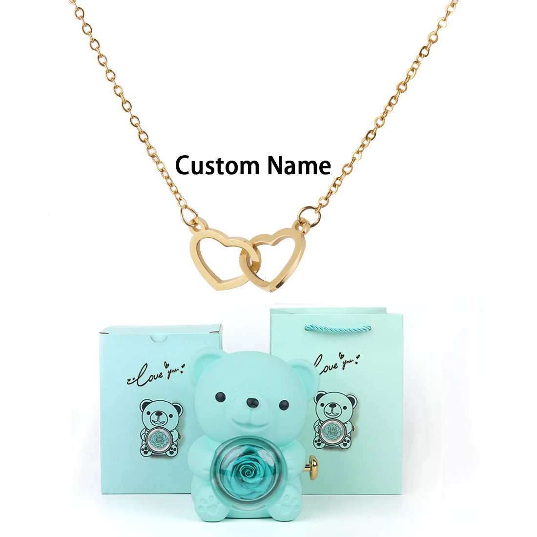 Custom Double Heart Necklace & Luxury Bear Rose Gift Box - Image 16