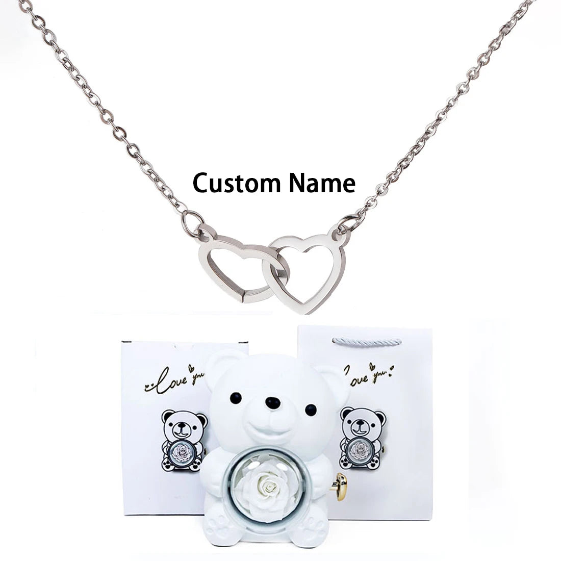 Custom Text Double Love Heart Eternal Necklace – With Luxury Bear & Rose Gift Box for Women - Image 18