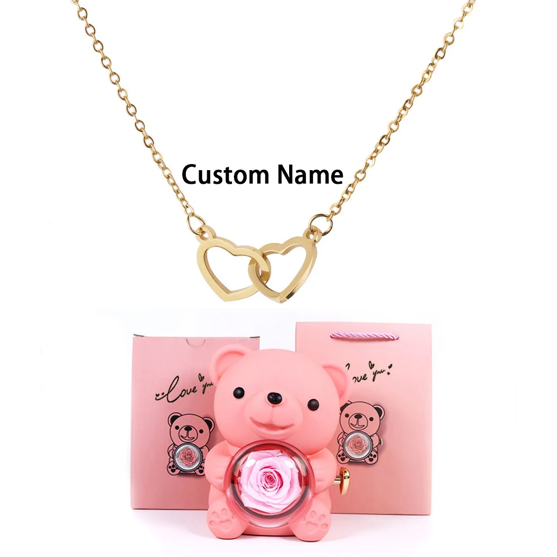 Custom Text Double Love Heart Eternal Necklace – With Luxury Bear & Rose Gift Box for Women - Image 20