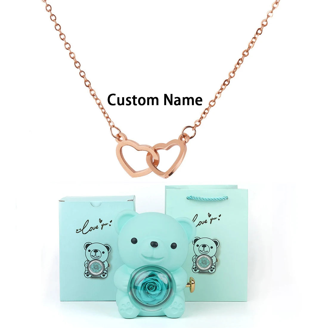 Custom Double Heart Necklace & Luxury Bear Rose Gift Box - Image 8