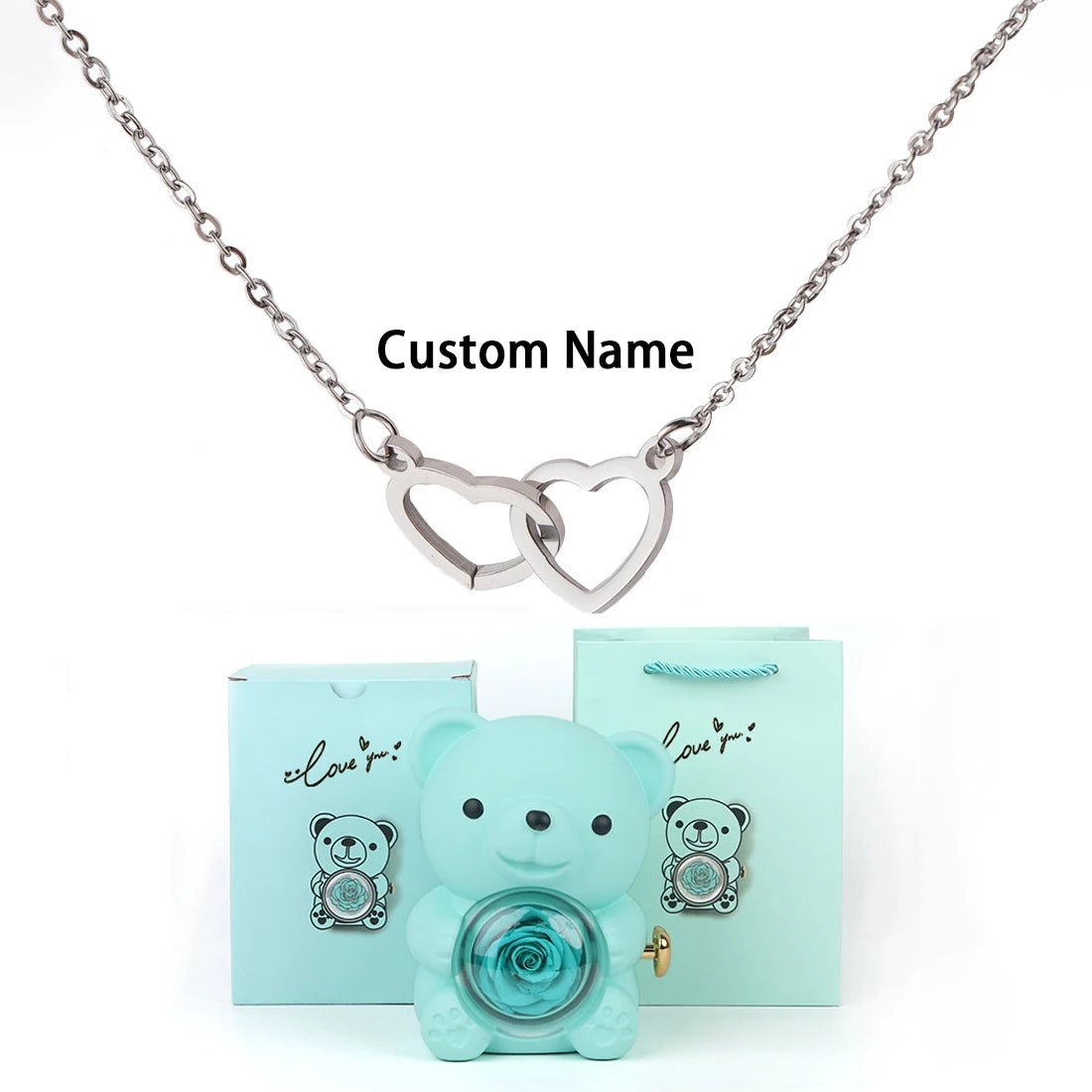 Custom Double Heart Necklace & Luxury Bear Rose Gift Box - Image 20
