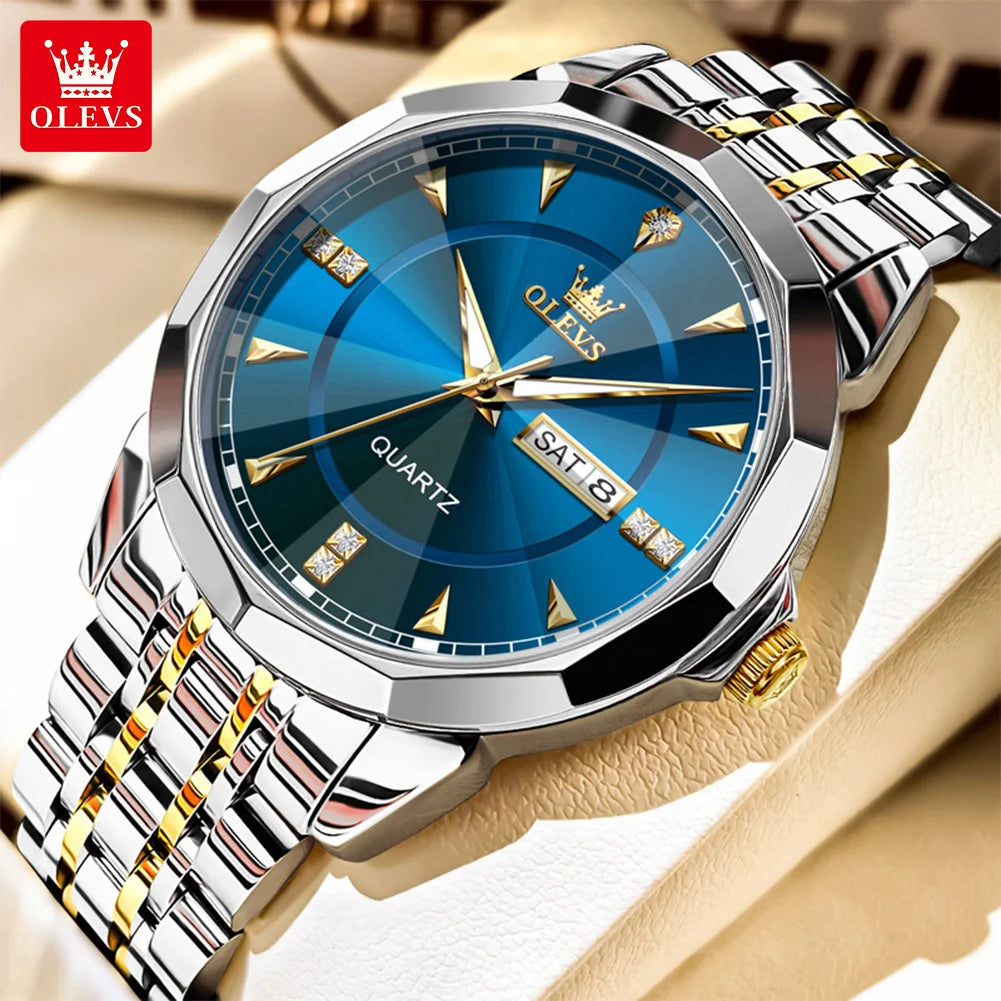 OLEVS 9977 Men's Rhombus Mirror Quartz Watch – Waterproof Luminous Stainless Steel Timepiece - Image 10
