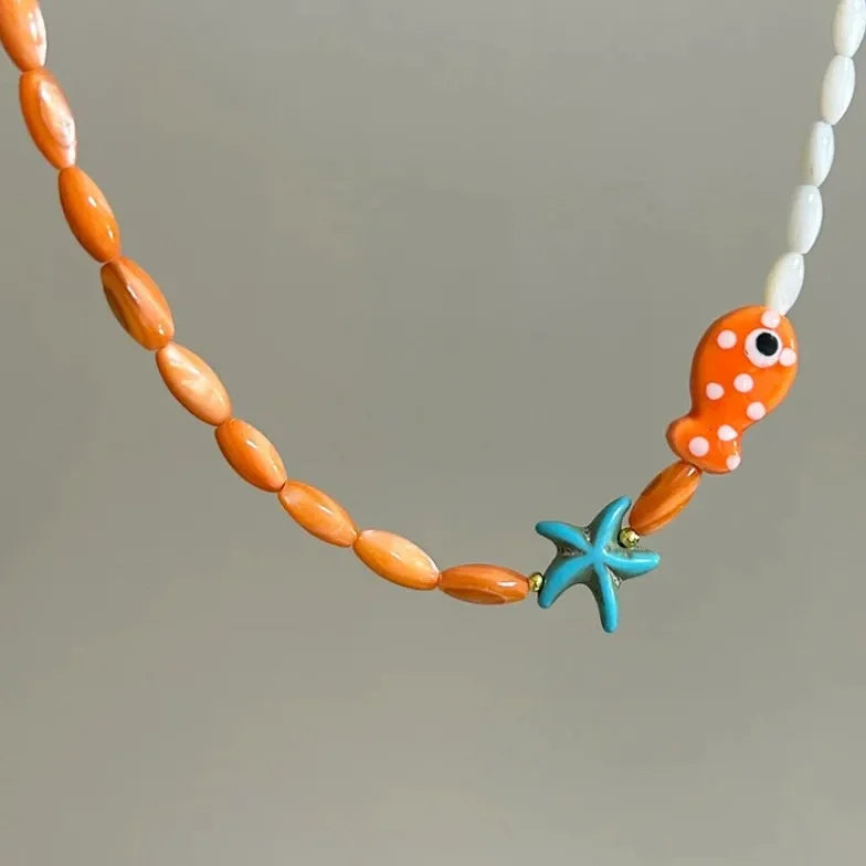 Cute Orange Ceramic Fish Necklace – Romantic Starfish & Fish Pendant for Summer Beach Style