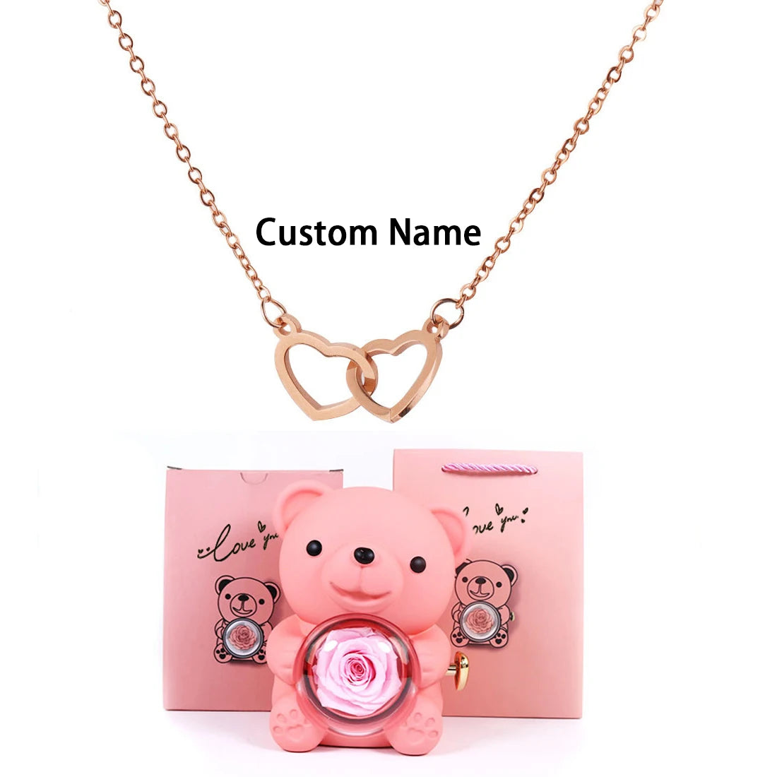 Custom Text Double Love Heart Eternal Necklace – With Luxury Bear & Rose Gift Box for Women - Image 11