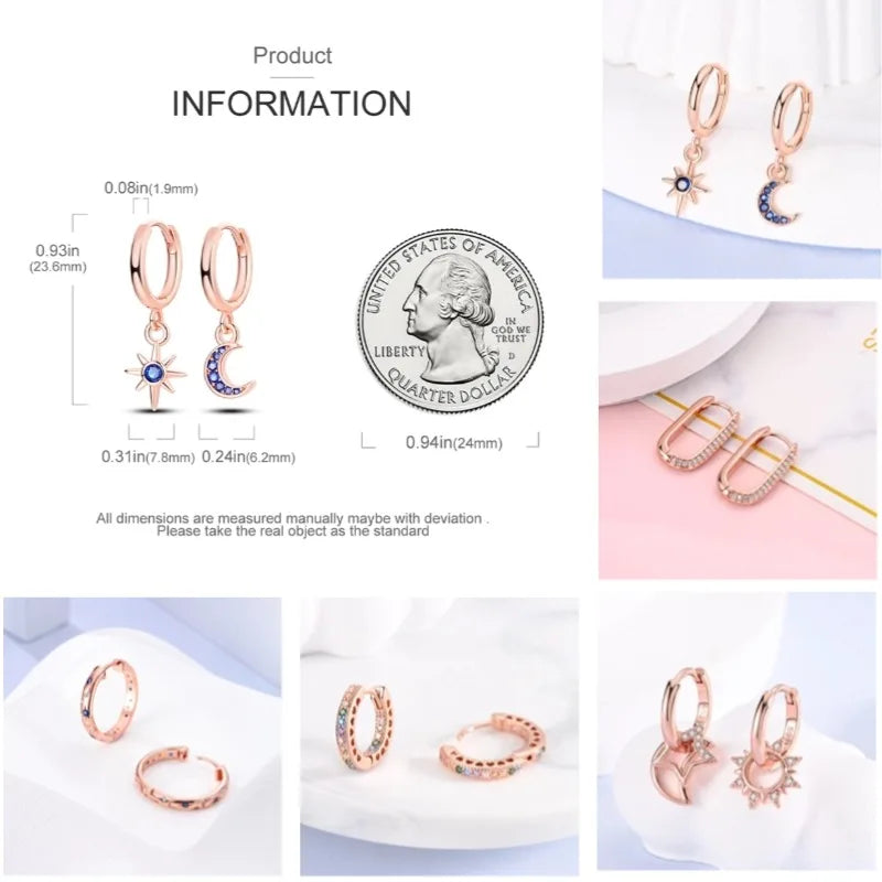 Rose Gold Star & Moon Hoop Earrings – 925 Sterling Silver Dangle Jewelry for Women - Image 2