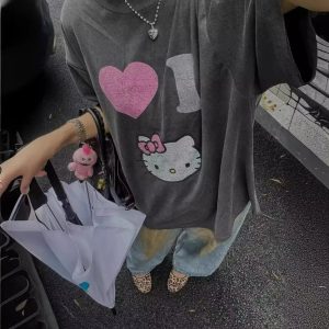 Hello Kitty Cartoon T-Shirt – Cute Loose-Fit Round Neck Casual Top for Women & Girls